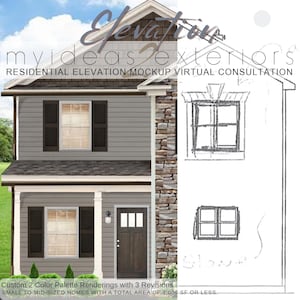 May include: A residential elevation mockup virtual consultation service featuring a split-view image. The left side shows a two-storey house with grey siding, dark shutters, a stone facade, and a brown door. The right side displays a black and white sketch.