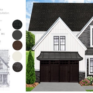 Könnte beinhalten: Eine Zwei-Farben-Palette für eine Haus-Außenfarbenberatung. Das Bild zeigt eine Skizze eines Hauses mit einer fertigen Darstellung des Hauses im Hintergrund. Die Farbpalette umfasst Schwarz, Grau, Braun, Weiß und einen dunkelgrauen Stein.