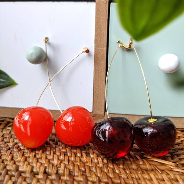 Angel - Earrings CLOU Stick Stem - Acrylic Metal - Cherry Fruit Long Ball - Red - Gift Summer Evening Mignon Original - FUN