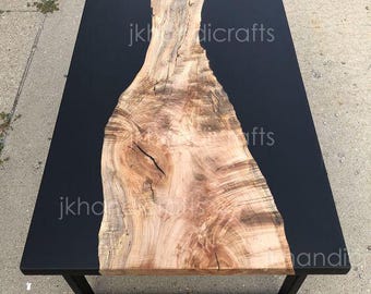 Mesa de comedor de madera de acacia con resina epoxi negra, hecha a mano
