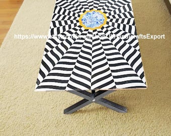 Tampo de mesa de centro com incrustações de pedra feitas à mão – Decoração em preto e branco, pedras semipreciosas raras, decoração elegante para casa e presente exclusivo.