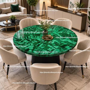 Tablero de mesa redondo de malaquita / Mesa de comedor con incrustaciones de piedra verde / Tablero de mesa de centro de lujo hecho a mano / Tablero de mesa de mármol a medida