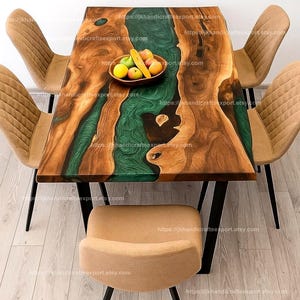 Walnut Live Edge Epoxy Table with Green Resin River – Rustic Contemporary Dining or Side Table, Ideal Gift for Home Decor Enthusiasts
