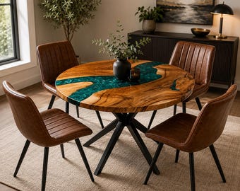 May include: A round dining table featuring a natural wood grain surface with a central river-like inlay of translucent teal resin, supported by a black metal base, surrounded by four brown faux leather chairs with vertical stitching and black legs.