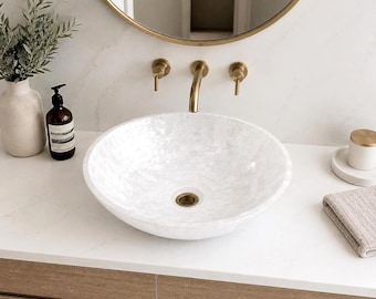 Luxury Mother of Pearl Vessel Sink | Handmade White Mosaic Bathroom Sink Round Shell Wash Basin | Modern Vanity Bowl Sink Coastal Bathroom