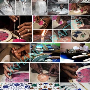 Könnte beinhalten: Eine Collage von Bildern, die den Prozess der Intarsienkunst zeigen. Die Bilder zeigen Kunsthandwerker bei der Arbeit mit Stein und anderen Materialien, um komplizierte Designs zu erstellen. Der Text "PROCESS OF INLAY ART" befindet sich oben im Bild.