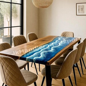 May include: A wooden dining table with a blue resin river design, surrounded by eight upholstered chairs. The table has a dark wood finish with a blue and white wave pattern in the center. The chairs have a diamond pattern.