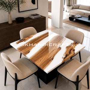 24x24 White Epoxy Resin River Dining Table | Handmade Wood & Resin Table Top | Modern Square Coffee Table | Custom Resin Furniture