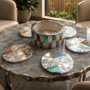 Juego de posavasos de nácar hechos a mano con soporte, posavasos redondos de concha, decoración de mesa de lujo, regalo de inauguración de casa, juego de 6