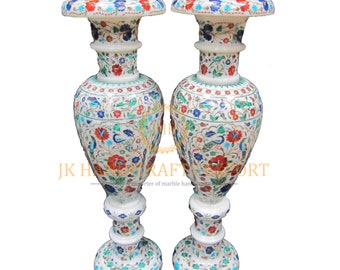 30" Tall White Marble Flower Vase Decorative Shape Gemstone Inlay Art Handmade Royal Home Decor Set Of Two
