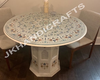 5' Marble Round White Dining Table Top Semi Precious Stones Inlaid Free Table Stand