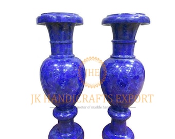 30" Tall Luxury Lapis Lazuli Marble Flower Vase Decorative Shape Gemstone Inlay Art Handmade Royal Home Decor Set Of Two