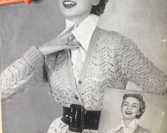 Vintage Weldons 1950s Ladies DK thick wool lace V neck cardigan knitting pattern PDF Download