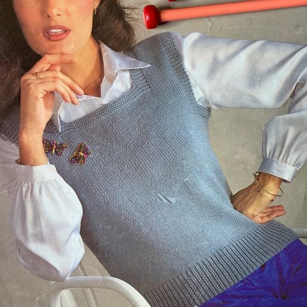Vintage 1980s 1970s Knitting Pattern Women's Sleeveless Jumper Sweater Pullover DK 30-38" PDF Instant Download