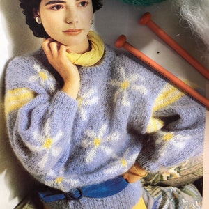 Ladies vintage 1980s Intarsia round neck drop shoulder Dolman floral daisy mohair jumper sweater knitting pattern Paper Hard copy pattern image 1