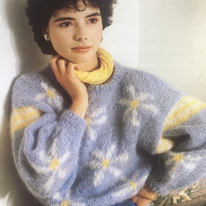 Ladies vintage 1980s Intarsia round neck drop shoulder Dolman floral daisy mohair jumper sweater knitting pattern Paper Hard copy pattern image 3