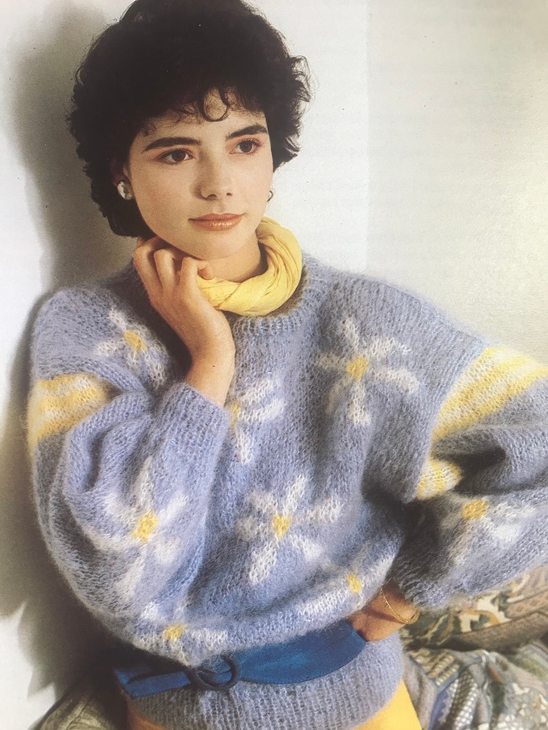 Ladies vintage 1980s Intarsia round neck drop shoulder Dolman floral daisy mohair jumper sweater knitting pattern Paper Hard copy pattern image 3