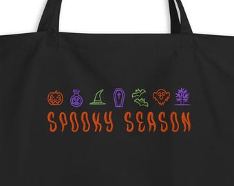 Embroidered Spooky Season Halloween Large Organic Black Tote Bag Witchy Gift Pumpkin Bats