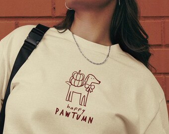 Embroidered Happy Pawtumn Autumn Dog Bow Pumpkin Fall Premium Heavyweight Long Sleeve Shirt
