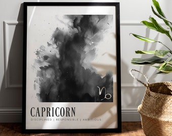 Capricorn Zodiac Print: Black and White Watercolor Astrology Art (Digital Download)