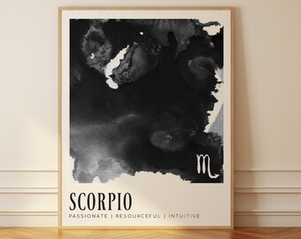 Scorpio Zodiac Print: Black and White Watercolor Astrology Art (Digital Download)