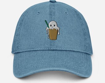 Embroidered Denim Hat in Black or Blue Halloween Ghost Cold Foam Brew Ice Coffee Latte Lovers