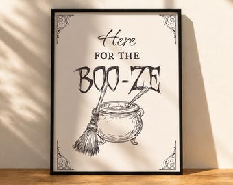 Halloween Bar Cart Print, "Here for the Boo-ze" Cauldron Art (Digital Download)