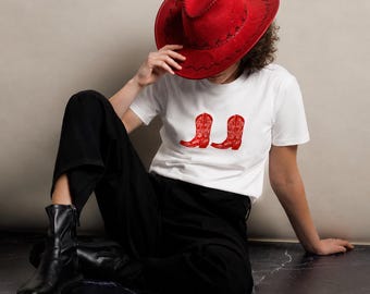 Red Cowboy Boots Tee | Western Graphic T-Shirt | Retro Cowgirl Shirt | Country Concert Outfit | Vintage-Inspired Boot Tee