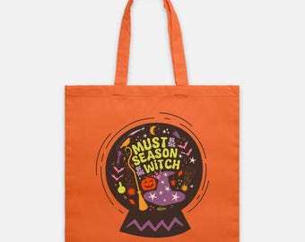 Witchy Crystal Ball Halloween Tote Bag: Spooky Fall Magic, Lightweight Cotton Canvas