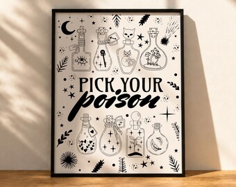 Halloween Bar Cart Print, "Pick Your Poison" Spell Jar Art (Digital Download)