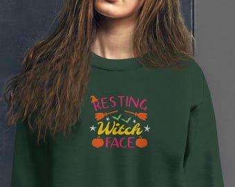 Resting Witch Face Sweatshirt: Embroidered Halloween Pun, Broom, Bats