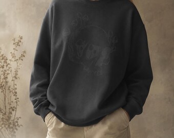 Spooky Skull & Mushroom Sweatshirt | Vintage Halloween Crewneck | Cottagecore Goth Pullover | Garment-Dyed Fleece Sweatshirt