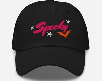 Spooky Embroidered Dad Hat: Halloween Bat & Stars - Black Cotton Cap