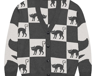 Knit Cat Checkered Cardigan Black White Charcoal Bone Witchy Halloween Original Design
