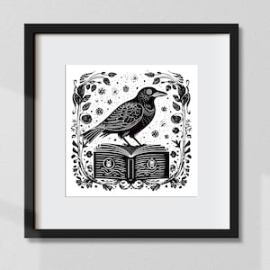 Può includere: Illustrazione in bianco e nero di un corvo appollaiato su un libro chiuso. Il libro è circondato da disegni floreali e fiocchi di neve.