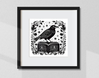 Halloween Raven Print: Black and White Spellbook Art (Digital Download)