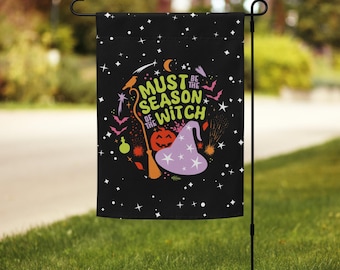 Halloween Garden Flag: Witch, Broom, Bats, Pumpkin