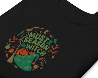 Embroidered Witch Sweatshirt: Halloween Celestial Stars, Moon & Broom