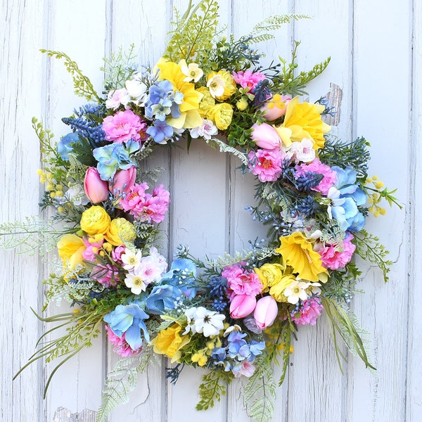 Pretty Spring Faux Floral Artificial Front Door Wreath with Daffodils, Blossom, Tulips, Hydrangeas, Mimosa, Muscari, Fern