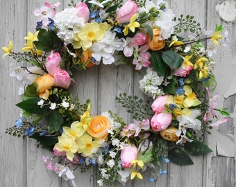 Colourful Spring Faux Floral Artificial Front Door Wreath - with daffodils, tulips, blossom, viburnum - perfect for Mother's Day/Easter