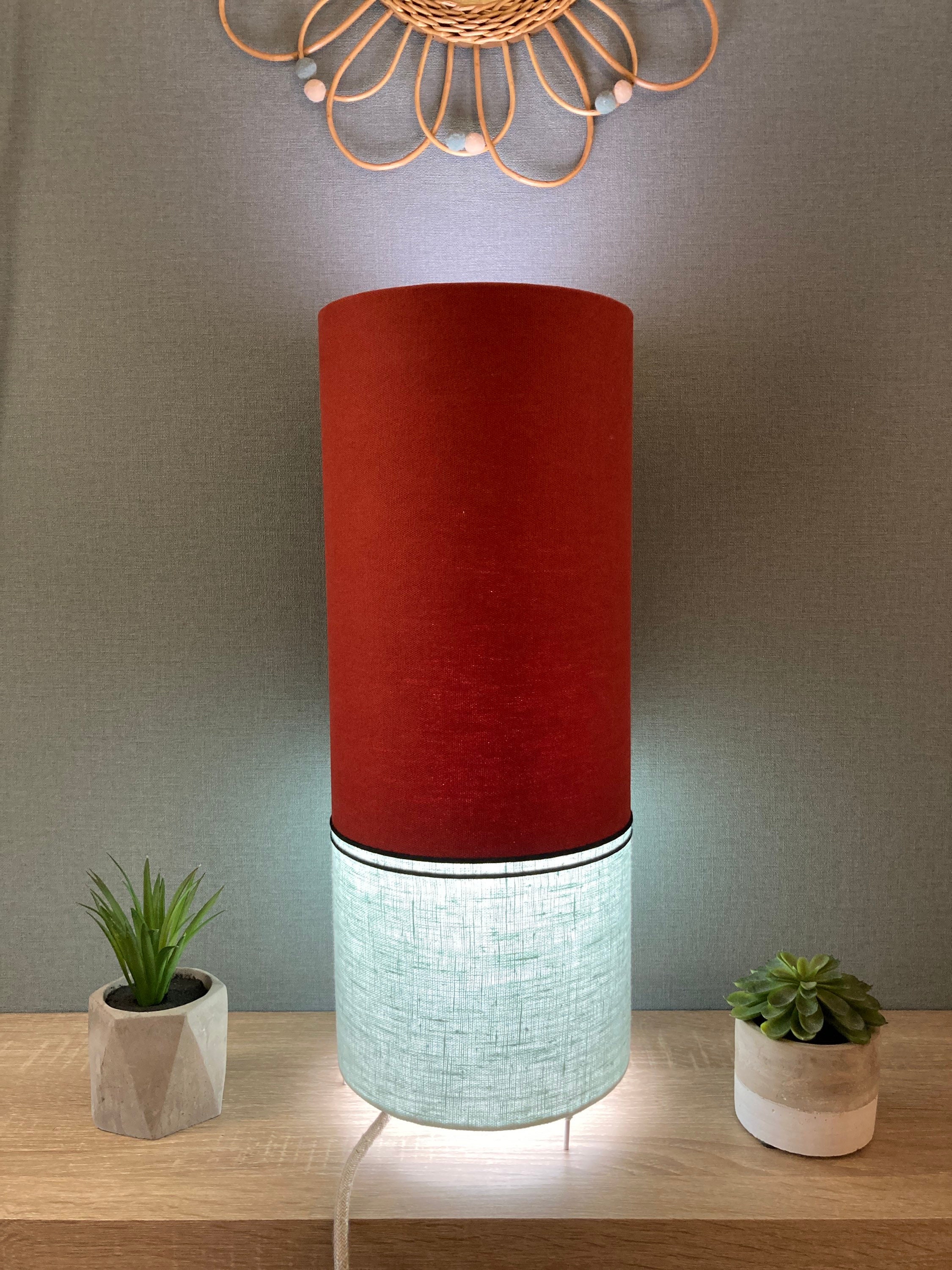 Lampe à Poser Faux Jumeaux/ Artisanat d'art/ Graphique/ Terracotta Vert d'eau