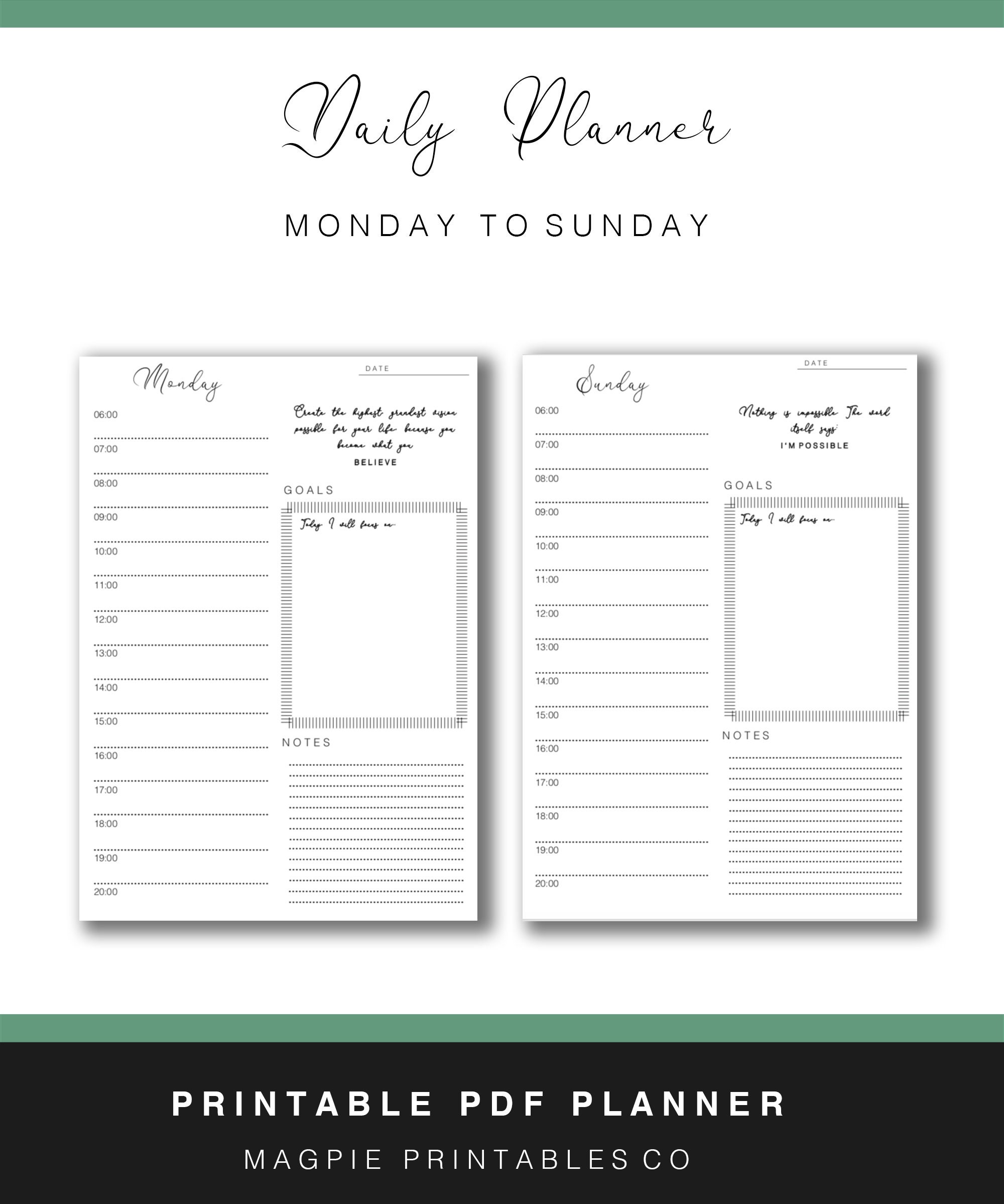 Printable Daily Planner, Monday to Sunday A4 Day Planner, Goal Planner, Productivity Planner ...
