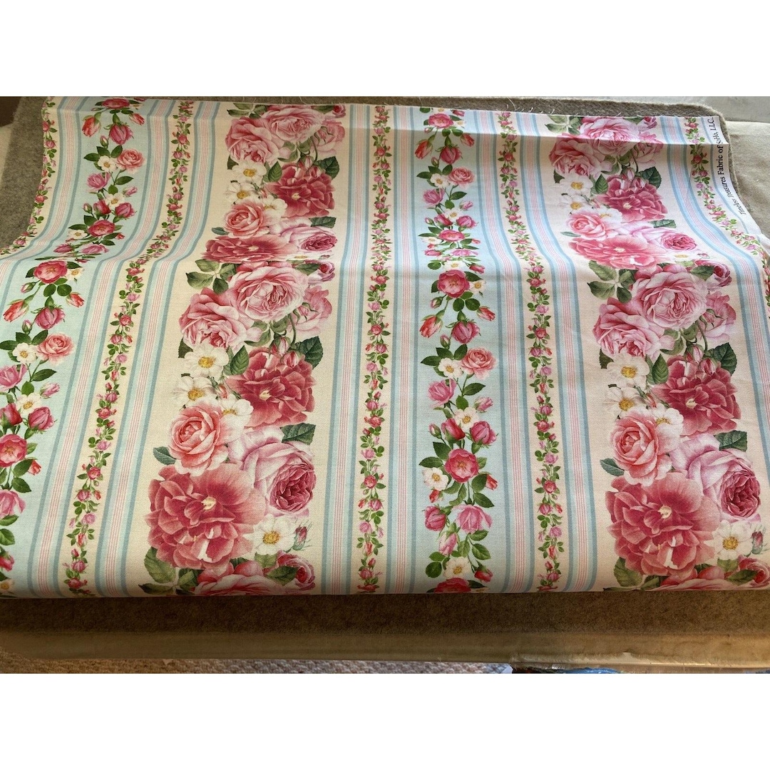 Timeless Treasures Pink Rose Border Rows Stripe Fabric Shabby Chic ...