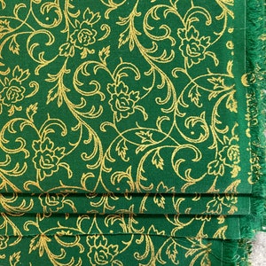 Green Scroll  gold metallic cotton  Fabric, choice of size