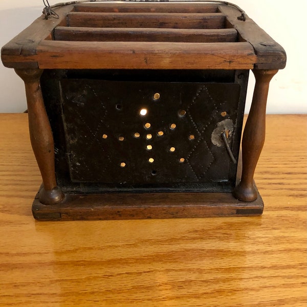 Antique buggy foot warmer with punched tin/ pail handle /casts a warm glow electrified light