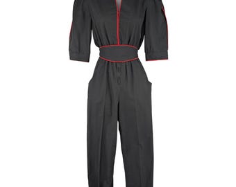 Vintage 80s Black Cotton Jumpsuit Size 7 Red Piping Puff Sleeve Retro Chic