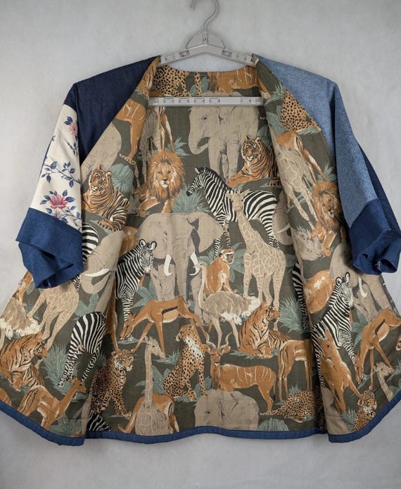 Handmade Patchwork Denim Kimono Jacket Jungle Lin… - image 3