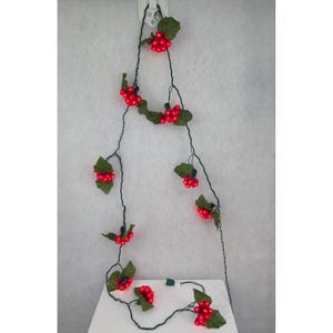 May include: A string of decorative lights featuring clusters of bright red berries and dark green fabric leaves attached to a thin dark green wire. The berry clusters are spaced along the wire, which is draped vertically and hangs from a white hook.