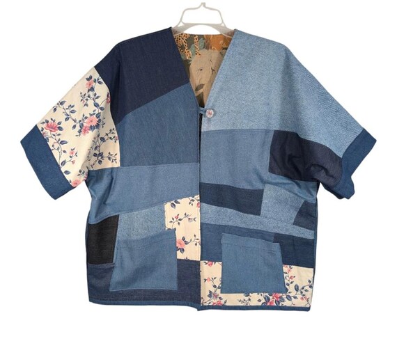 Handmade Patchwork Denim Kimono Jacket Jungle Lin… - image 1