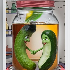 Marinated Mates: Pickle Art Print, Quirky Kitchen Decor, Playful Pickles in Jar Illustration, Unique Foodie Gift, Fun Wall Art, Home Decor